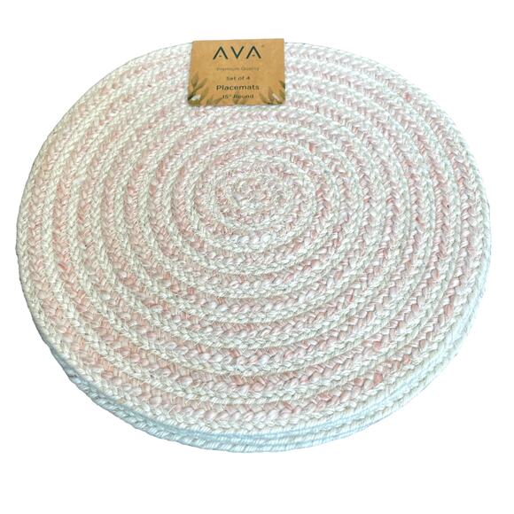 AVA Pink and White Premium Quality Set of 4 Braided 15" Round Placemats NEW - Picture 3 of 4